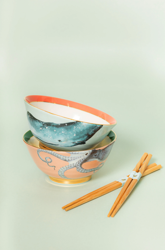 Ramen Bowl Set with Chopsticks – 2 Bowls, 14.5×7 cm, Decorative Edging