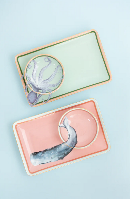 Sushi Plates with Dip Bowls – Set of 2, Decorative Edging