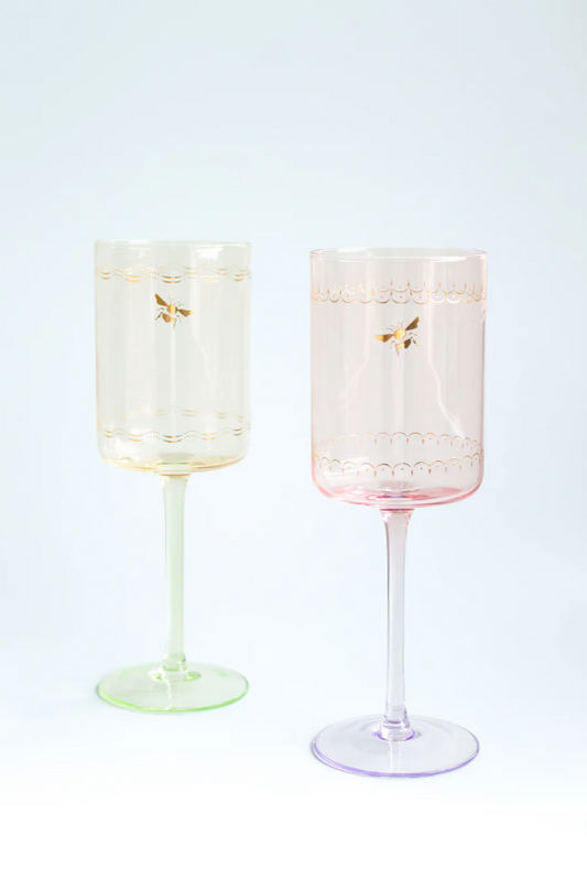 Bee Design Wine Glasses – Set of 2, Clear Glass, 22 cm