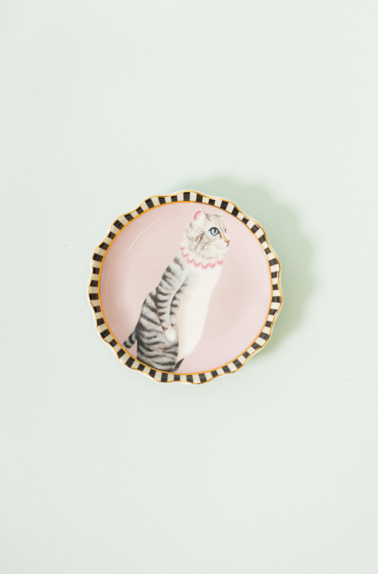 Cat Design Round Trinket Dish – 10 cm Ceramic Dish, Shallow Profile
