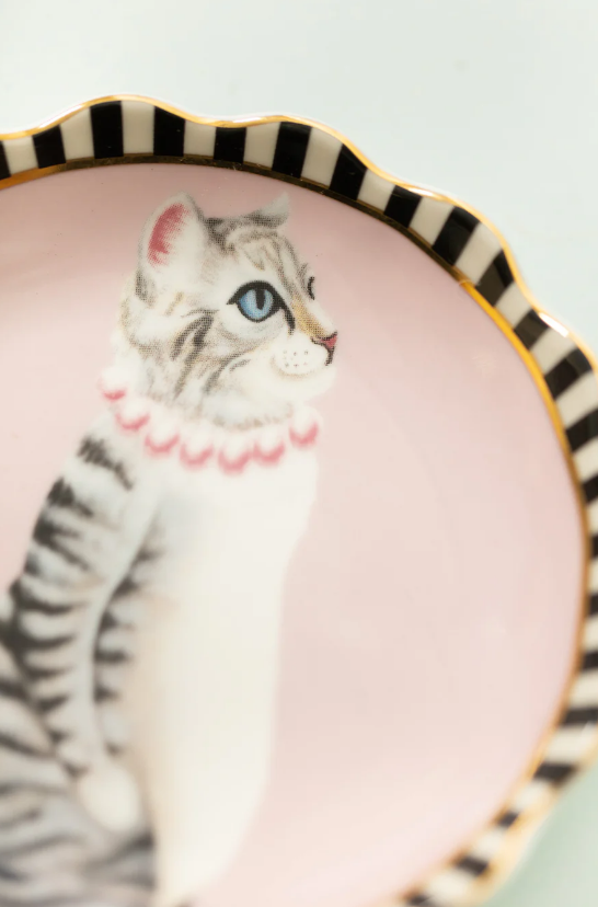 Cat Design Round Trinket Dish – 10 cm Ceramic Dish, Shallow Profile