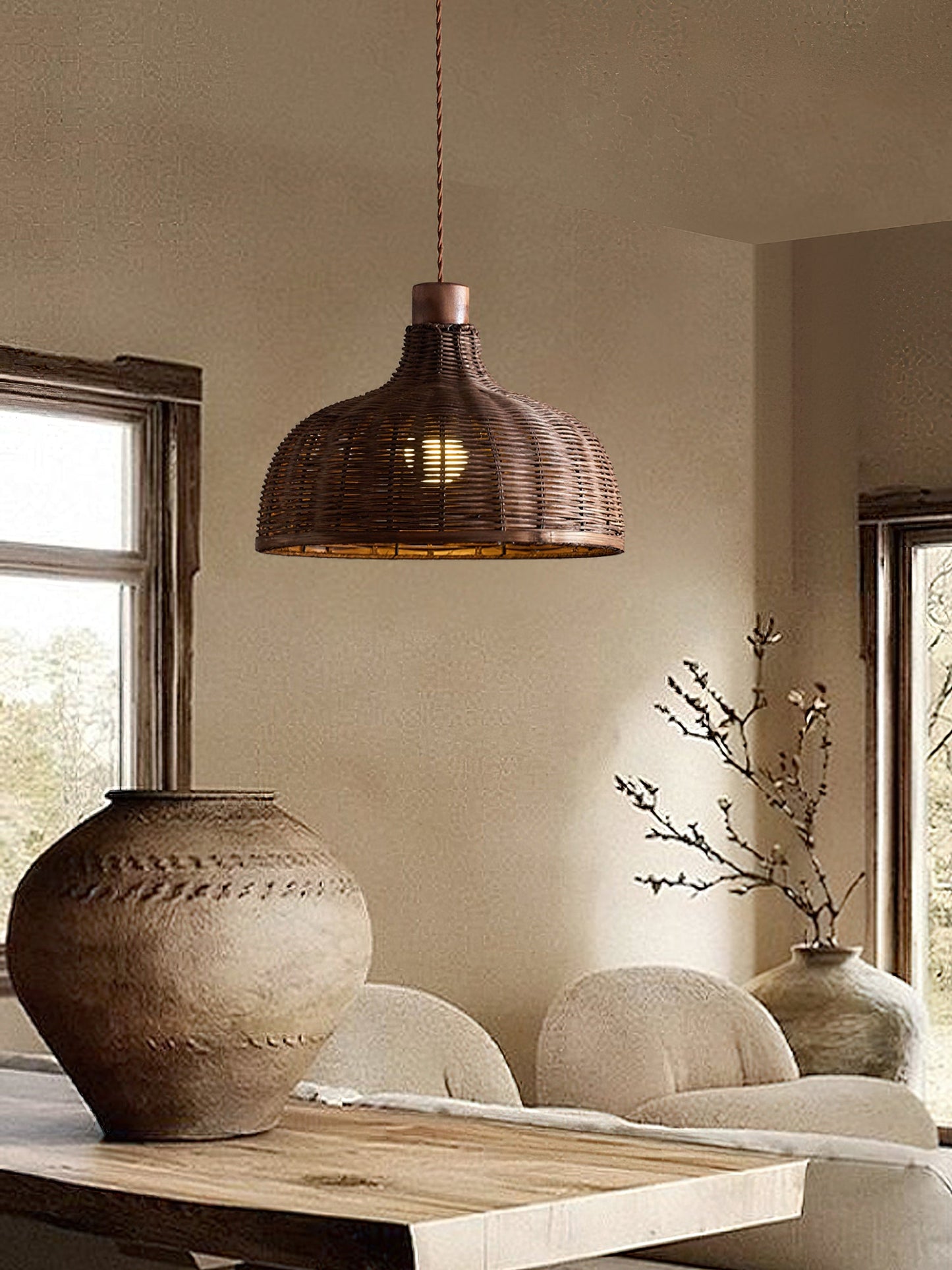 Pendant Ceiling Light – Handwoven Rattan Dome Shade, Multiple Sizes