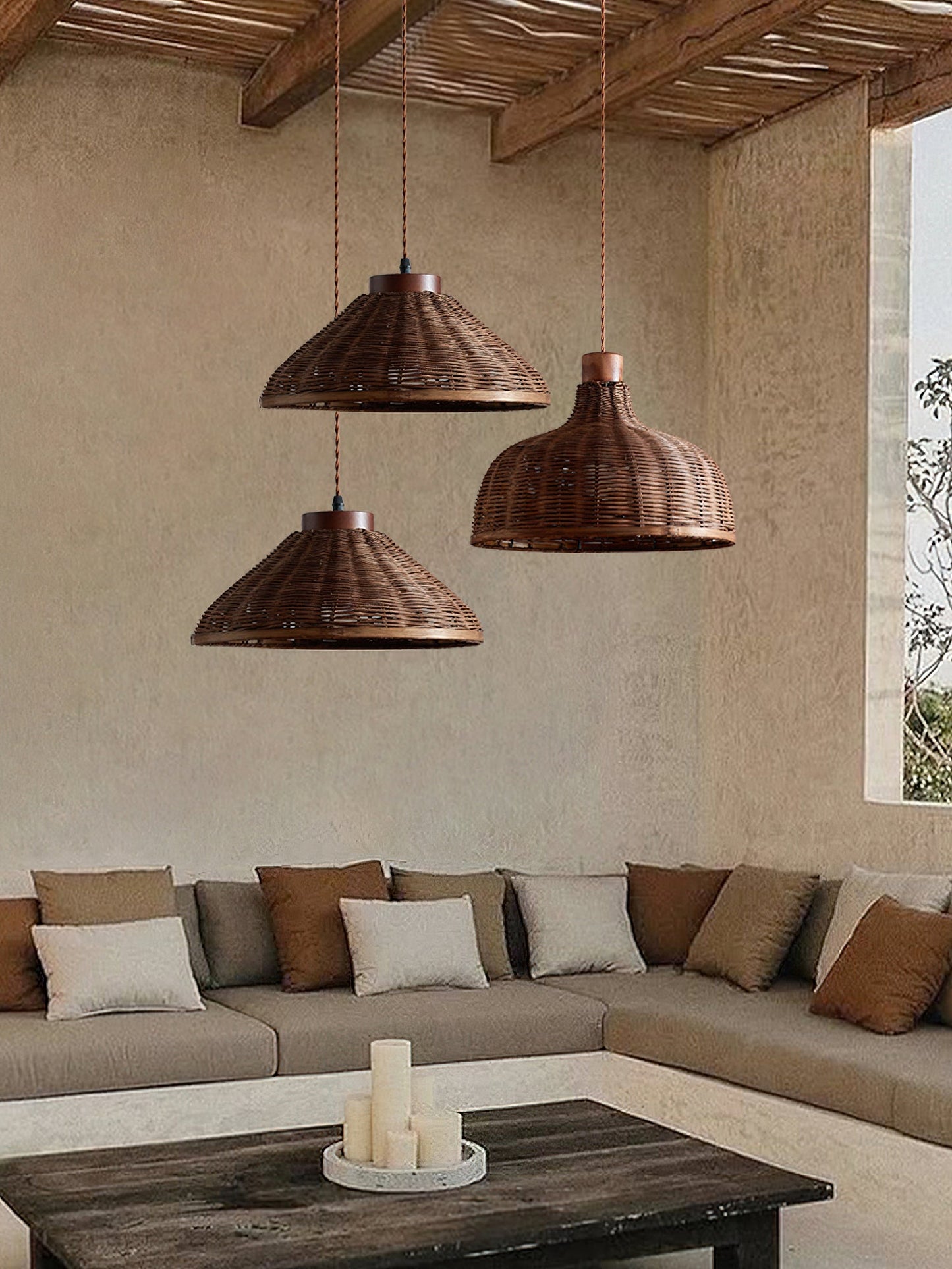 Pendant Ceiling Light – Handwoven Rattan Dome Shade, Multiple Sizes