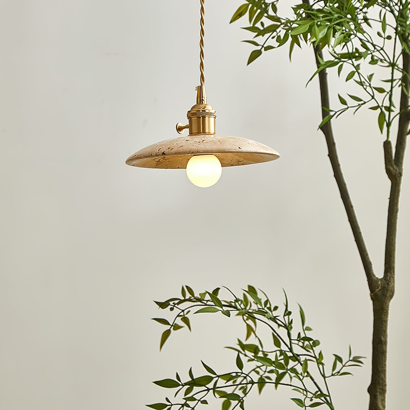 Pendant Ceiling Light – Travertine Stone Shade with Brass Finish, Multiple Sizes